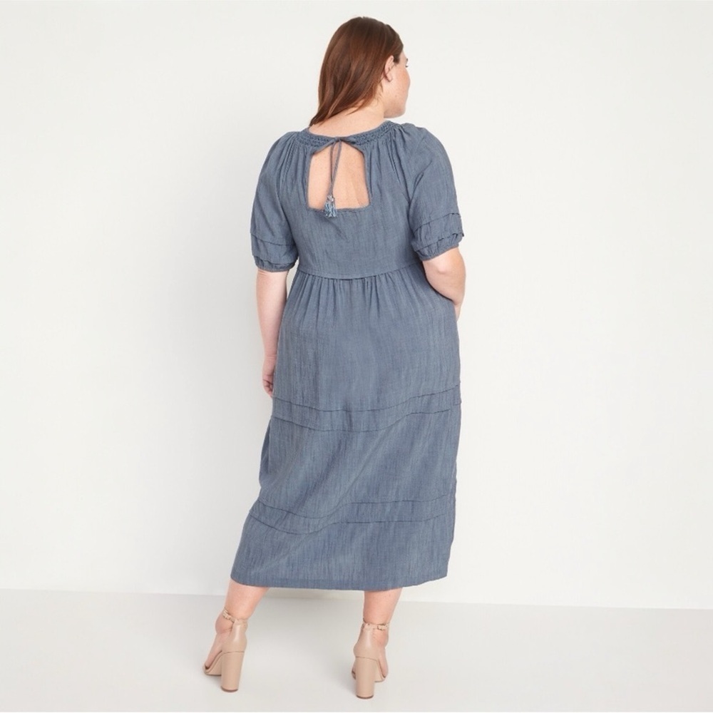 NWT Old Navy Puff-Sleeve Chambray Smocked Midi Swing Dress - Picture 5 of 8